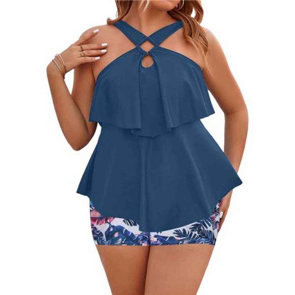 Womens Plus Size Tankini Two Piece Bathing Suits Tummy Control Flounce Shorts